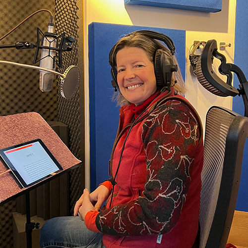 Narrator Lucy Scott working at Landen Park Studio